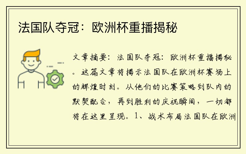 法国队夺冠：欧洲杯重播揭秘