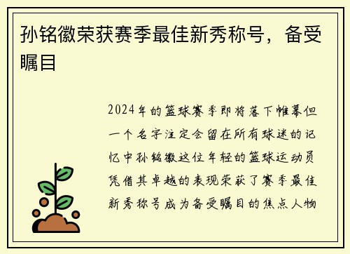 孙铭徽荣获赛季最佳新秀称号，备受瞩目